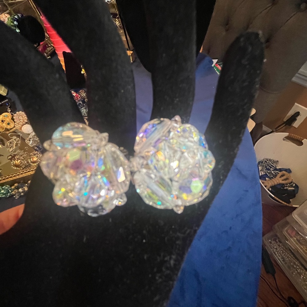 Vintage Iridescent AB Crystal Clip-On Earrings Silver tone setting